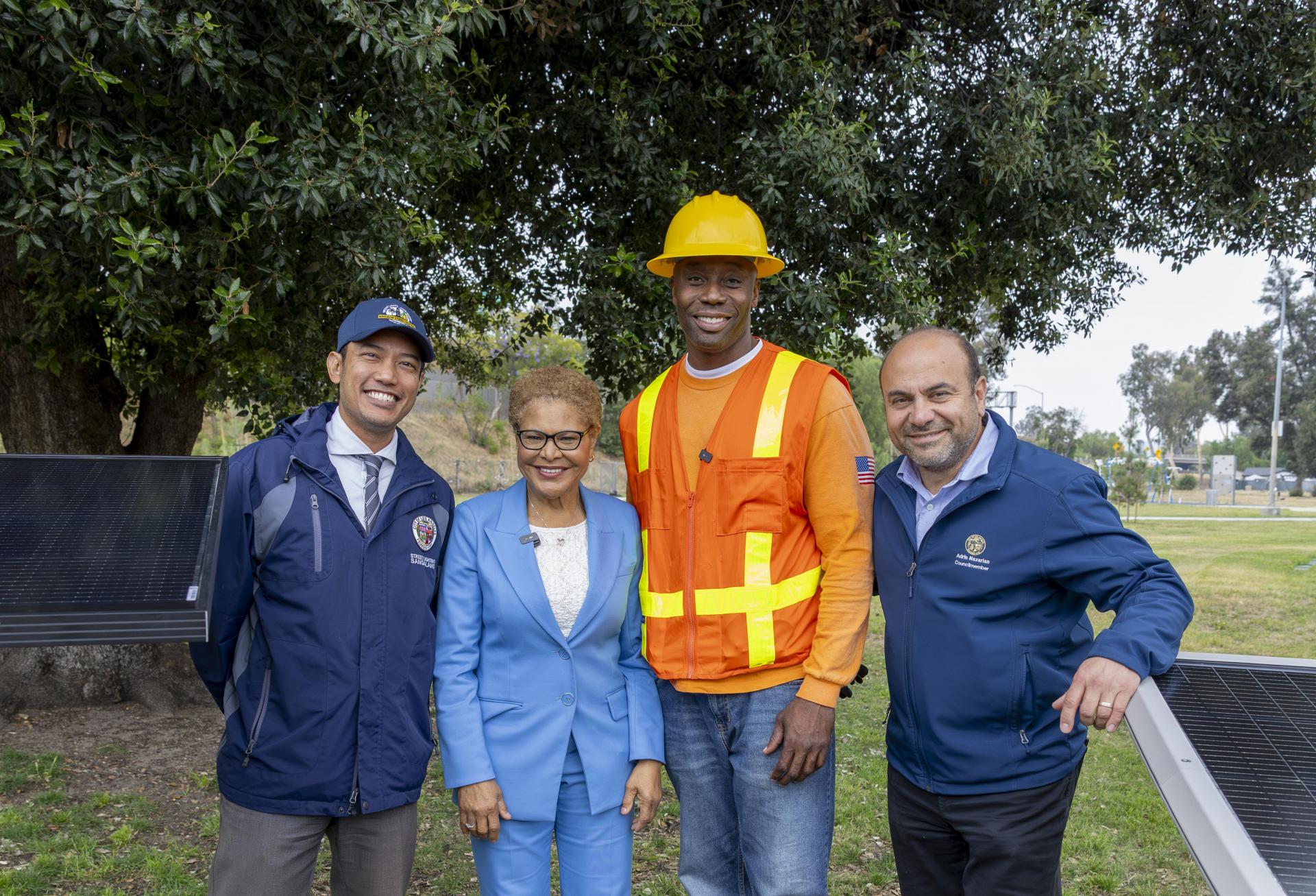 Mayor Karen Bass at a May 2026 event for solar streetlight installation.