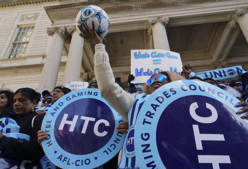 Hotel workers rallying outside City Hall in February this year.