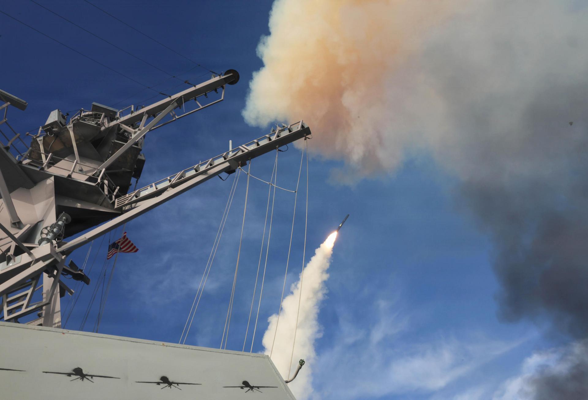 The USS Thomas Hudner fires a Tomahawk land attack missile during Operation Epic Fury in the U.S. Central Command area of responsibility, March 21, 2026.