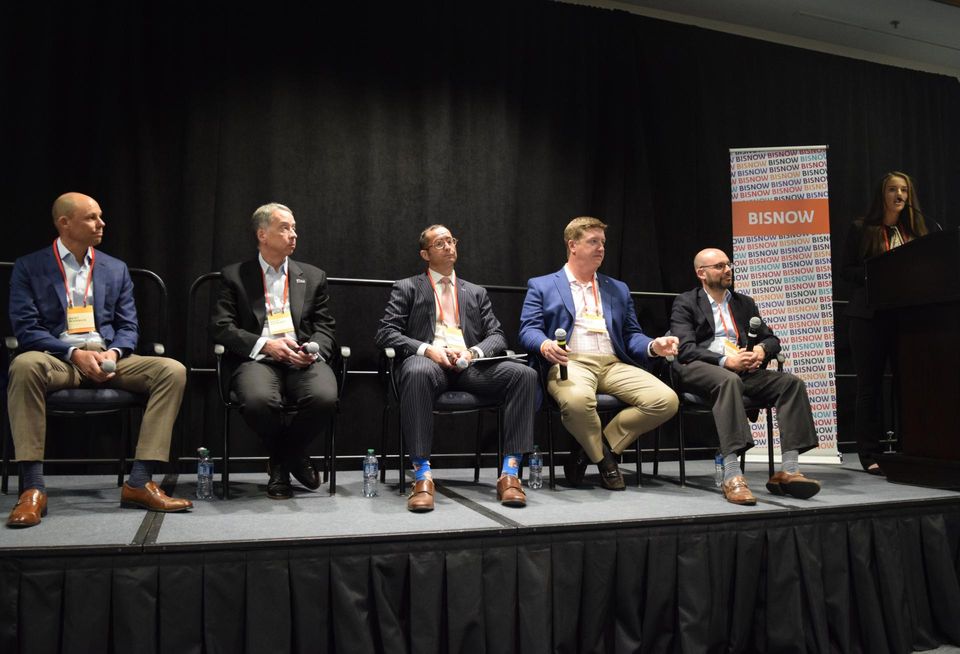 Stonebridge's Kent Marquis, Montgomery County Economic Development Corporation's Brad Stewart, Colliers' Adam Schindler, EagleBank's Ryan Riel, Glenline Investments' Scott Nudelman and Stroock & Stroock & Lavan's Allissa Kerr speak during a panel at Bisnow's Mid-Atlantic Life Sciences & Biotech summit