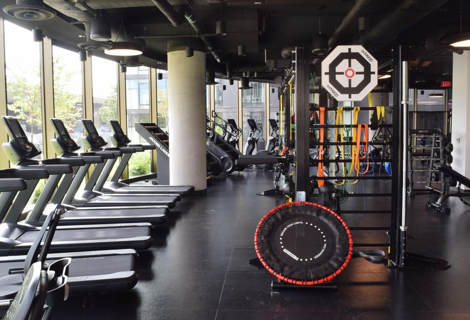 The gym in 670 Maine, which features treadmills, stair machines, stationary bicycles, and a variety of weight and training equipment. 