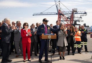 New York Governor Kathy Hochul and Mayor Eric Adams announcing the deal for Red Hook's Brooklyn Marine Terminal on Tuesday morning.