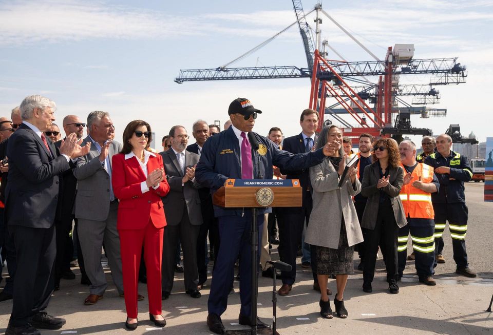 New York Governor Kathy Hochul and Mayor Eric Adams announcing the deal for Red Hook's Brooklyn Marine Terminal on Tuesday morning.