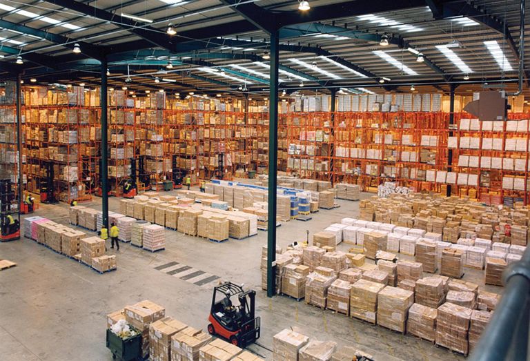 warehouse racks boxes rows pallets