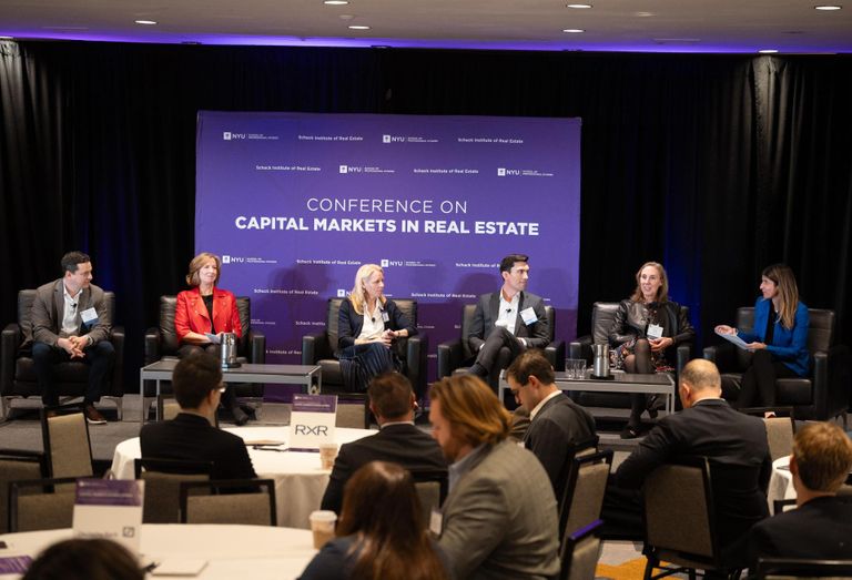 CDPQ's Michael Neuman, Dune's Cia Buckley Marakovits, Macquarie's Jackie Hamilton, Norges Bank Investment Management's John McCarthy, PIMCO's Peggy DaSilva and Newmark's Marcella Fasulo Newmark at the 57th Annual Conference on Capital Markets in Real Estate, hosted by the NYU SPS Schack Institute of Real Estate.