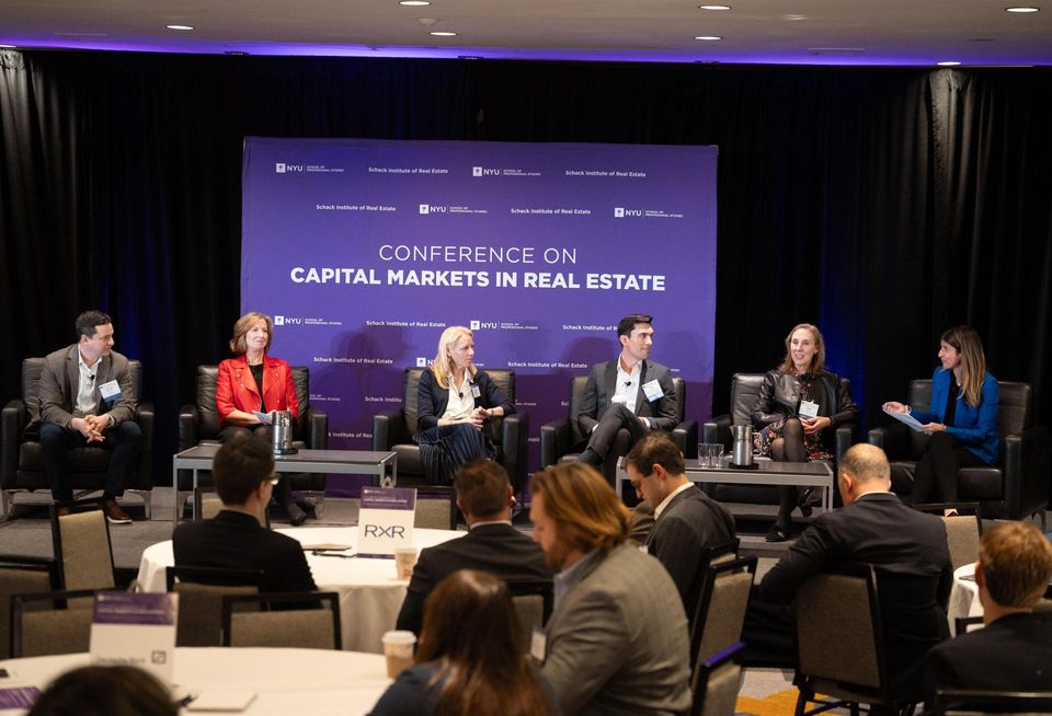CDPQ's Michael Neuman, Dune's Cia Buckley Marakovits, Macquarie's Jackie Hamilton, Norges Bank Investment Management's John McCarthy, PIMCO's Peggy DaSilva and Newmark's Marcella Fasulo Newmark at the 57th Annual Conference on Capital Markets in Real Estate, hosted by the NYU SPS Schack Institute of Real Estate.