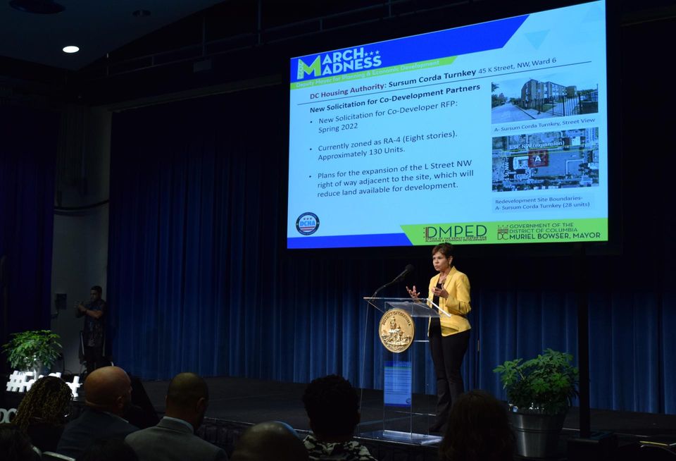 D.C. Housing Authority Executive Director Brenda Donald speaks during the mayor's annual March Madness event on March 25, 2022.