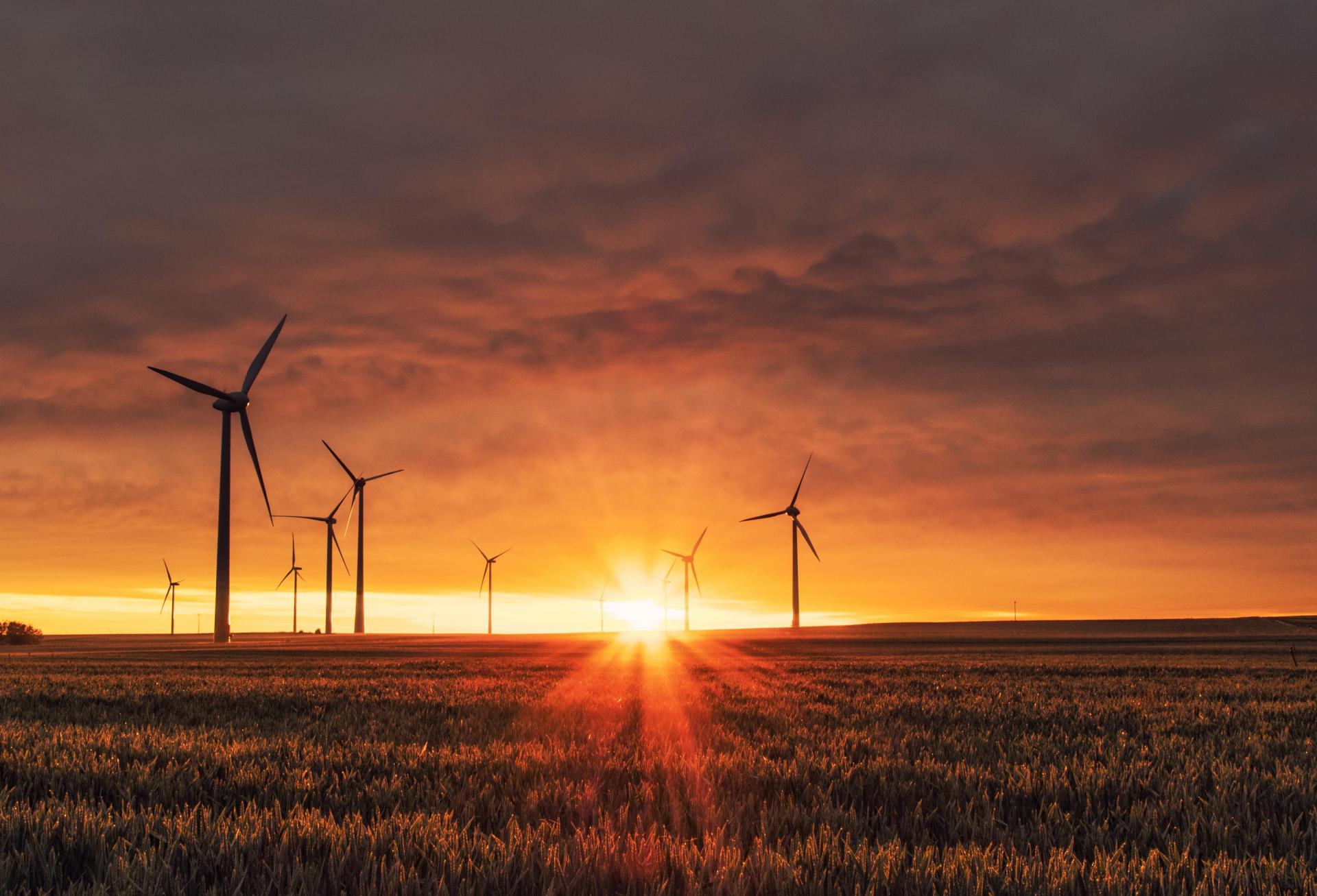 Field of windmills during a sunset, Unsplash 12/6/2022