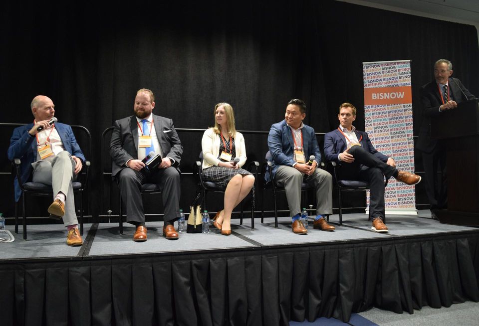 Monument Realty's Michael Darby, BXP Life Sciences' CJ Overly, CBRE's Sandy Young, Transwestern's Mark Boyce, Scheer Partners' Matt Brady and Allen Matkins' Martin Togni speak during a panel at Bisnow's Mid-Atlantic Life Sciences & Biotech summit.