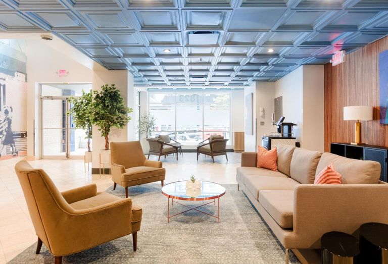 The lobby of The Quincy, a building owned by Urban Investment Partners and operated by short-term rental startup Sonder.