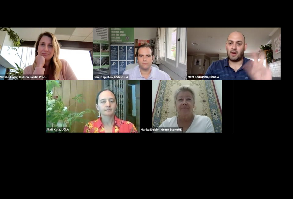 Hudson Pacific Properties' Natalie Allan Teear , USGBC LA's Ben Stapleton, Bisnow's Matt Seukunia, Green EconoME's Marika Erdely and UCLA's Nurit Katz discuss sustainability during a Bisnow webinar