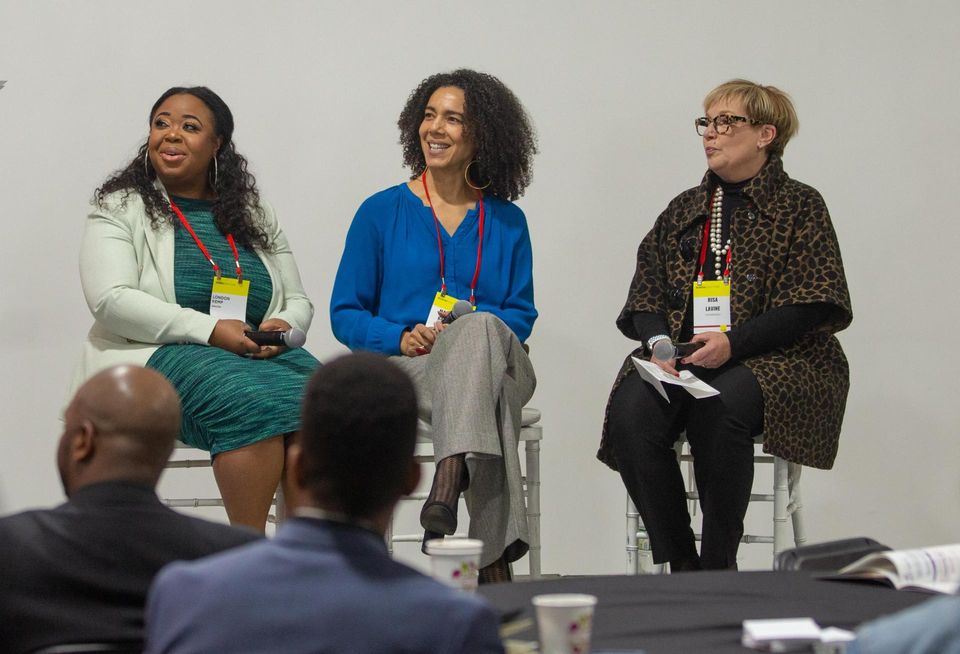 Amazon's London Kemp, Google's Marcella Barrière and CohnReznick's Risa Lavine on stage at Bisnow's Rise Initiative Honoree event in April 2022.