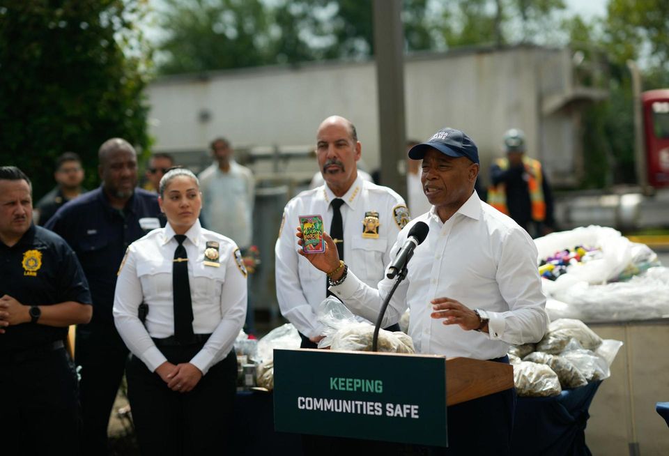 New York City Mayor Eric Adams touting the 4 tons of cannabis seized during his crackdown on unlicensed dispensaries. He burned the drugs at a Long Island incinerator.