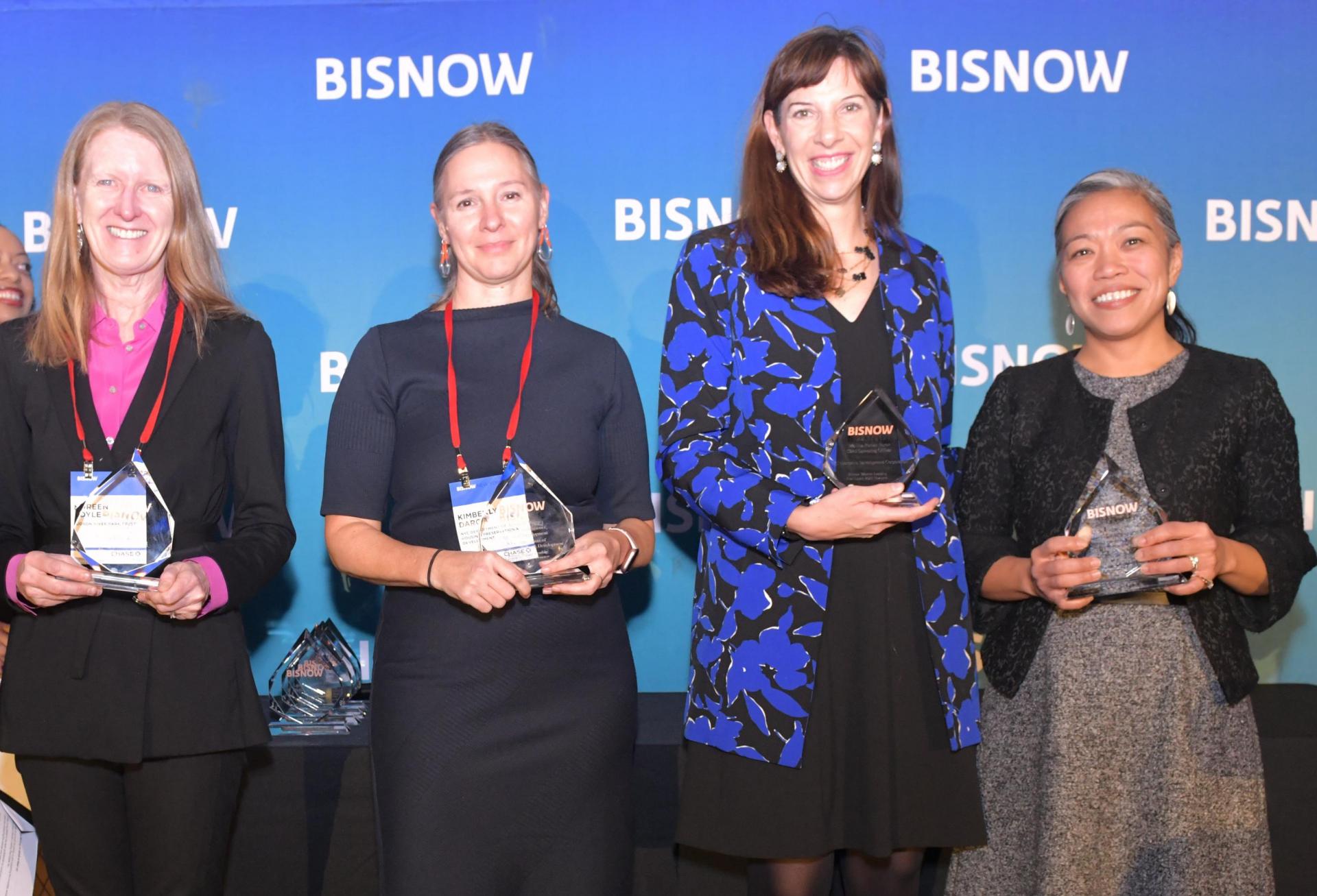 Winners of the Economic Development and Municipal award,Hudson River Park Trust’s Noreen Doyle, NYC Department of Housing Preservation & Development’s Kimberly Darga, NYC EDC’s Melissa Román Burch and NYC Office of the Mayor’s Maria Torres-Springer onstage at Bisnow's 2023 New York Women Leading Real Estate event.