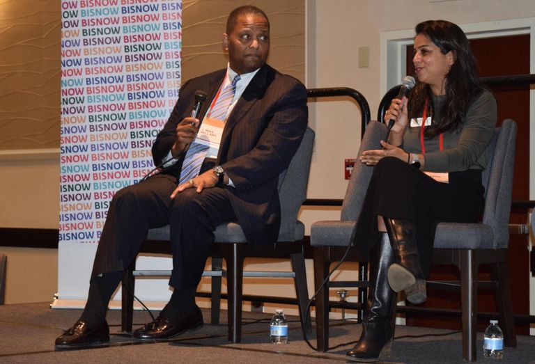 Mike Bellamy, Kaiser Permanente's mid-Atlantic executive director of national facilities, and Naseema Shafi, CEO of Whitman-Walker Health, speak during a panel at Bisnow's 2022 Mid-Atlantic Healthcare Summit.