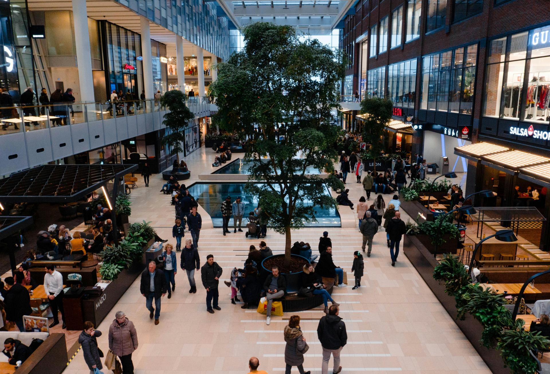 Shoppers browsing in a mall. 