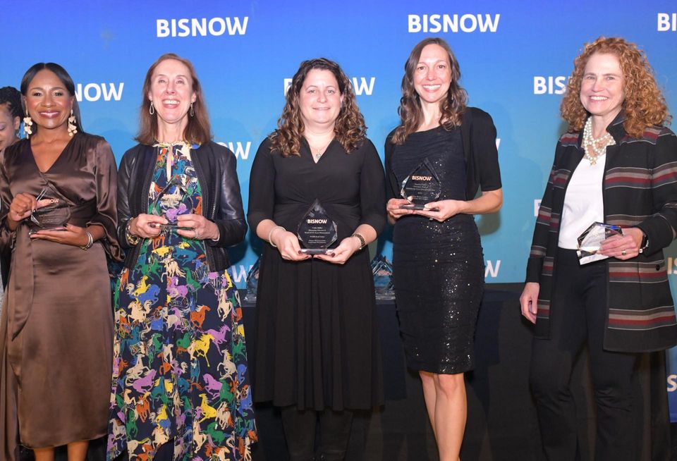 Winners of the Operations and Asset Management award, Paths Management Services (Nuveen)’s Reisa Bryan, PIMCO Prime Real Estate’s Peggy DaSilva, PGIM Real Estate’s Carly Miller, BGO’s Jennifer Perkins and Lightstone Capital’s Carolyn Pianin onstage at Bisnow's 2023 New York Women Leading Real Estate event.