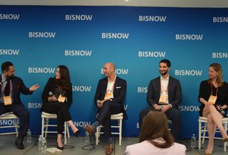 Cole Schotz's Rab Nalavala, G4 Capital Partners Robyn Sorid, Trevian Capital's Michael Hoffenberg, SomeraRoad's Basel Bataineh and Island Capital's Shannon Stotts at Bisnow's 2022 National Finance Summit.
