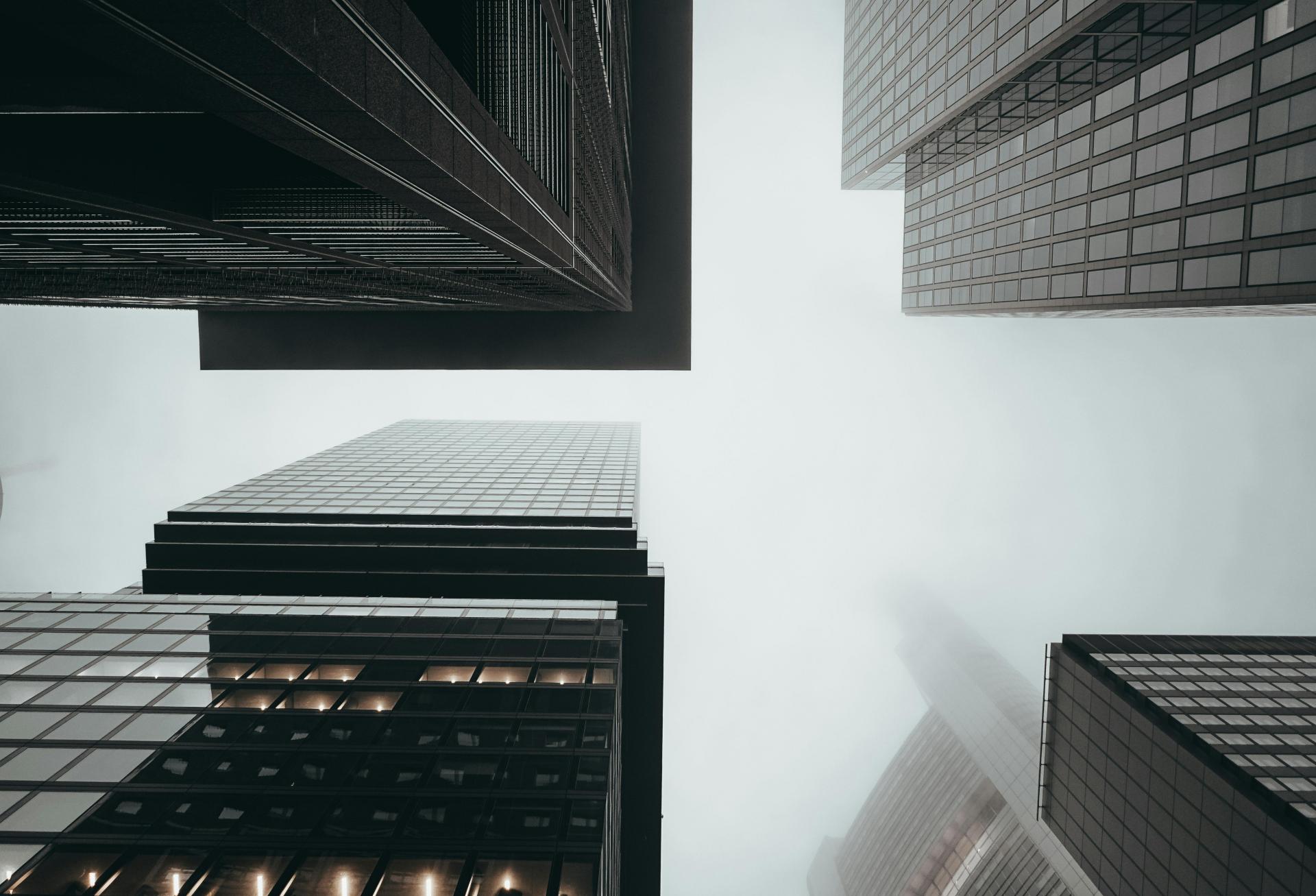 office towers in fog