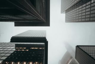 office towers in fog