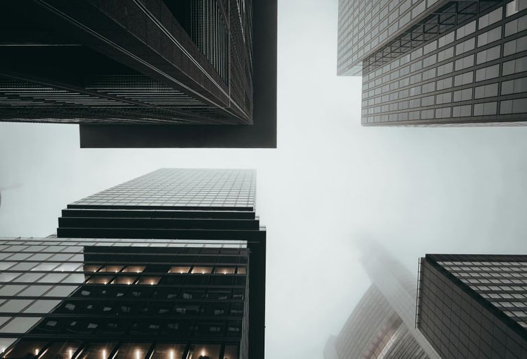 office towers in fog