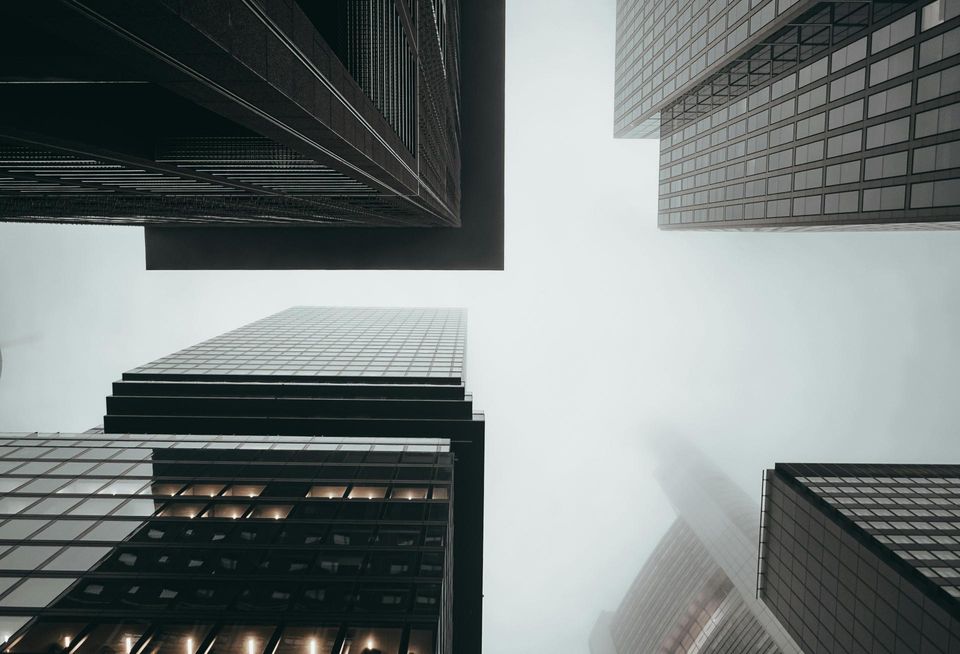office towers in fog