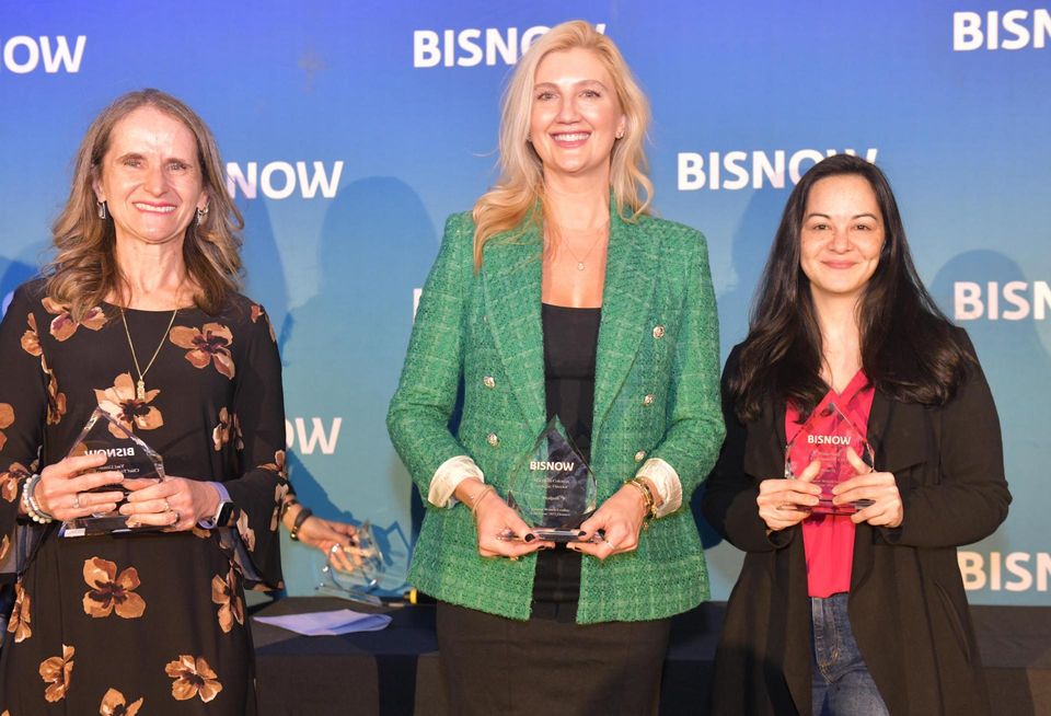 Winners of the Technology award, Silverstein’s Yael Urban, Dealpath’s Marybeth Coleman and EliseAI’s Minna Song onstage at Bisnow's 2023 New York Women Leading Real Estate event.