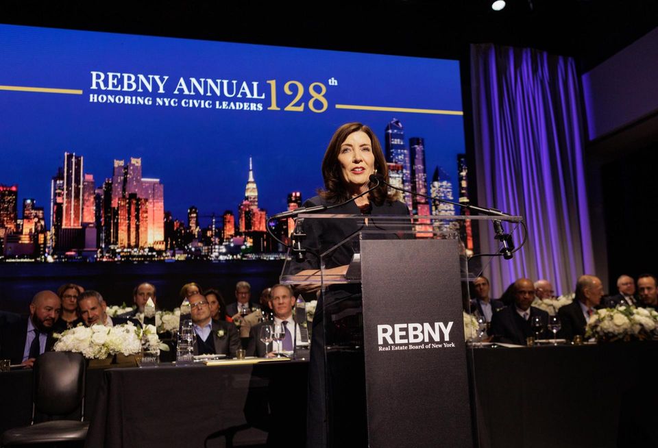 New York Gov. Kathy Hochul delivering remarks to the audience at REBNY's 128th annual gala.