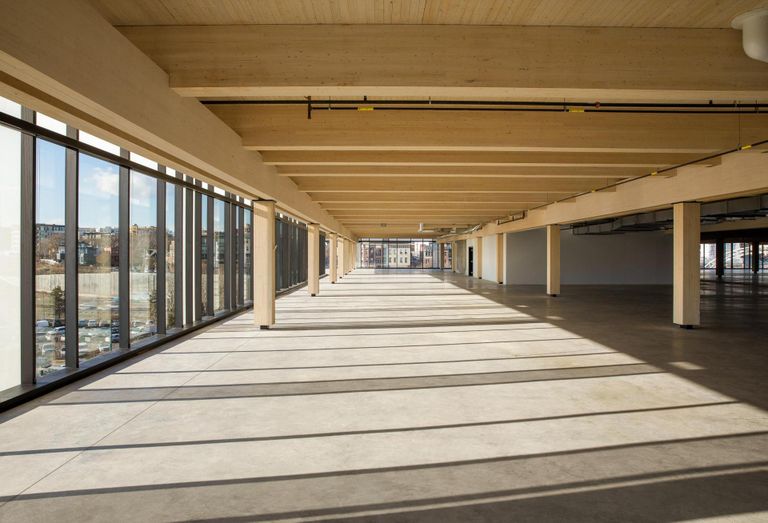 The completed inside of Platte Fifteen, Denver's first cross-laminated timber building.