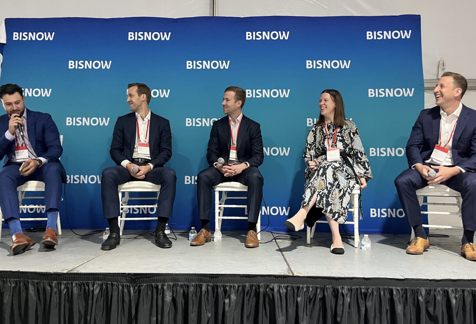 Green Holland Management's Adan Elias Kornfeld, Blackstone's Ryan Ingle, Realterm's Ben Andreycak, CBRE Investment Management's Mary Lang and JLL's Marc Duval on stage at Bisnow's 2023 Northeast Industrial and Logistics event.