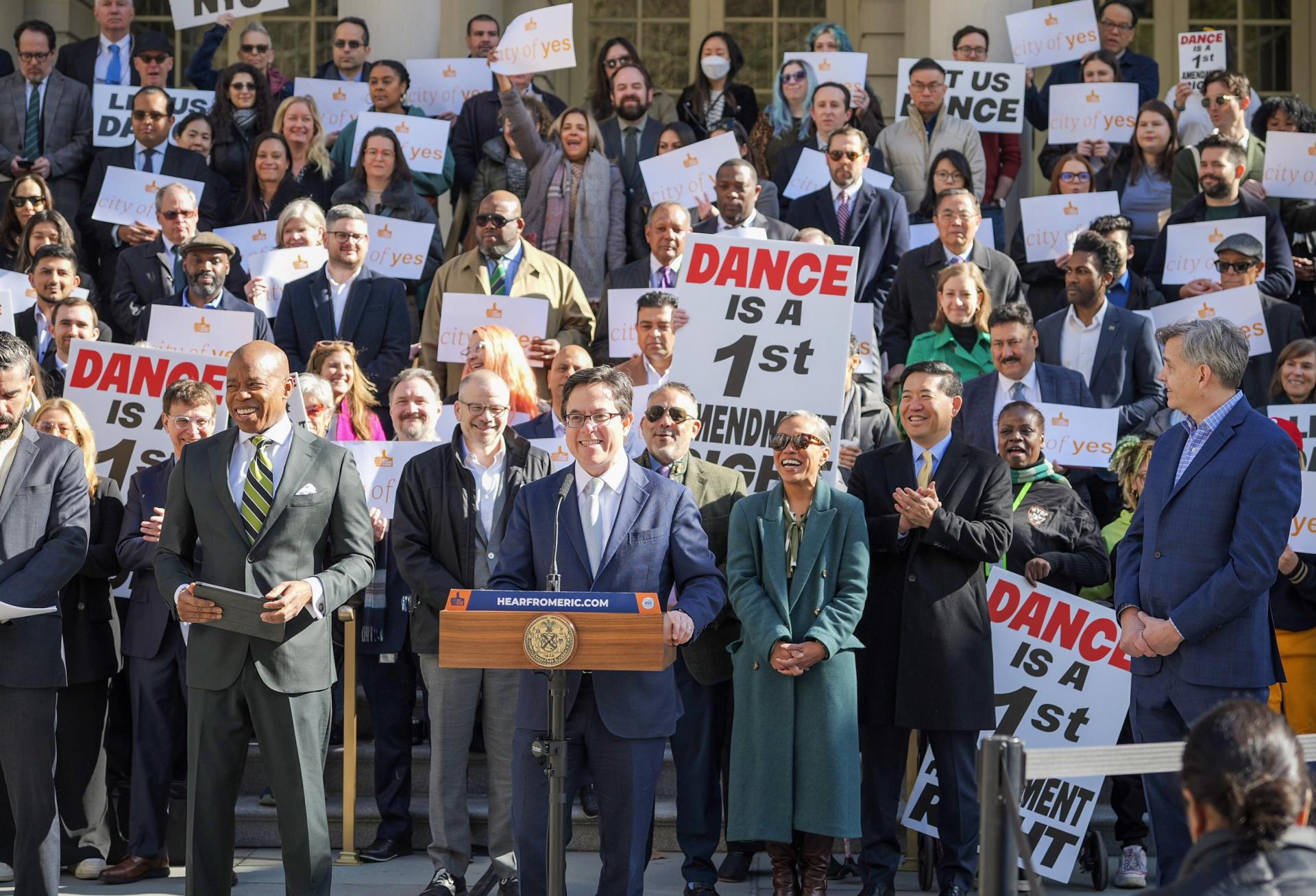 Director of NYC's Department of City Planning Dan Garodnick speaking at public rally at City Hall.