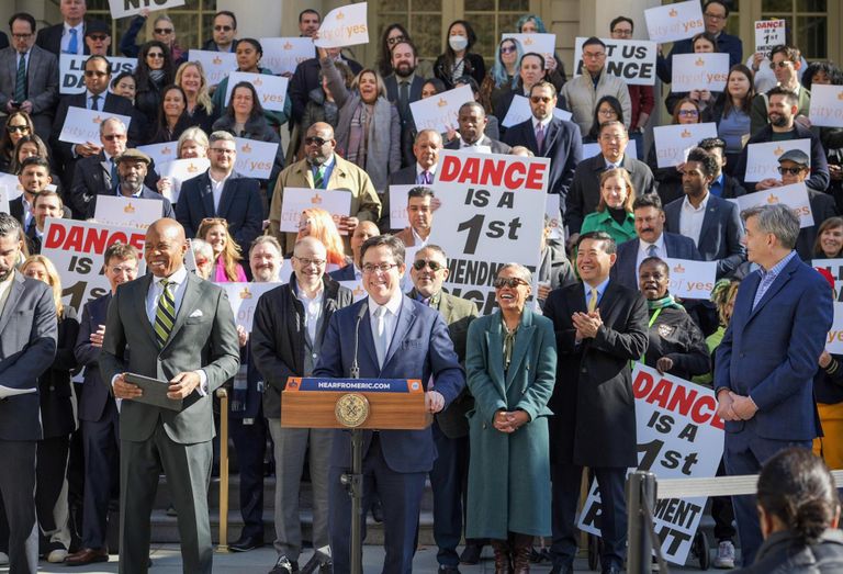 Director of NYC's Department of City Planning Dan Garodnick speaking at public rally at City Hall.