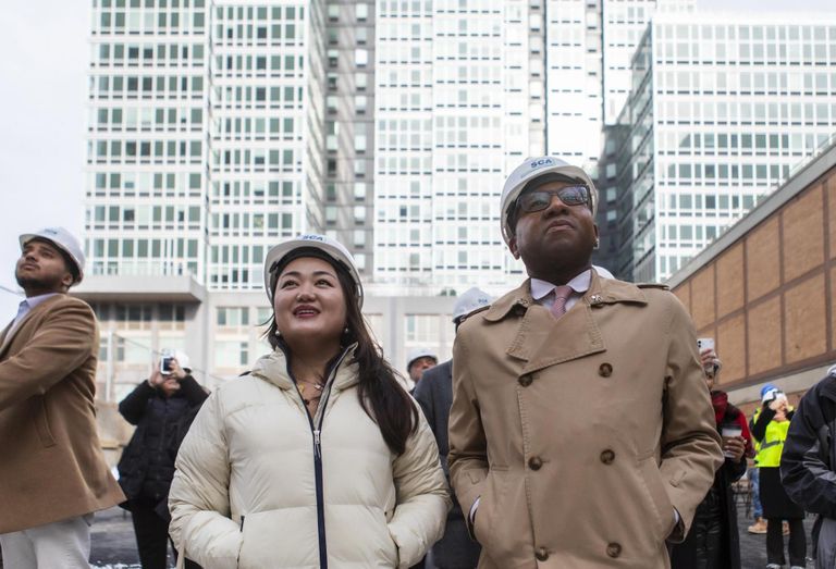 New York City Council Member Julie Won and Queens Borough President Donovan Richards tour a school construction site.