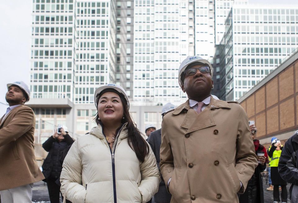 New York City Council Member Julie Won and Queens Borough President Donovan Richards tour a school construction site.