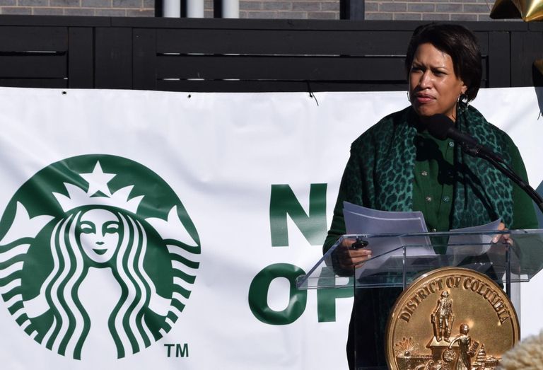 Mayor Muriel Bowser speaks during the grand opening of the Starbucks at Skyland Town Center on Feb. 11, 2022.