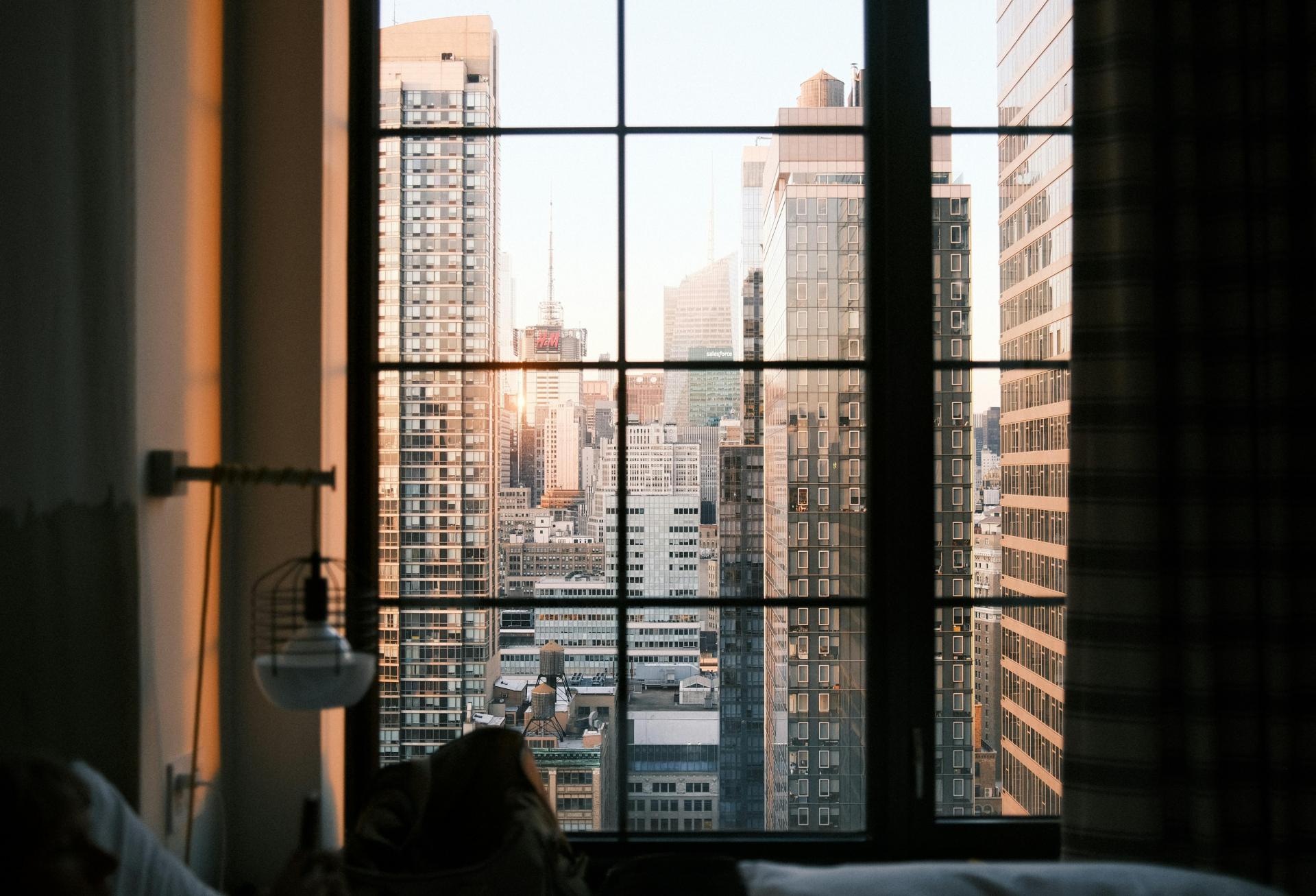 a view of nyc from a hotel room