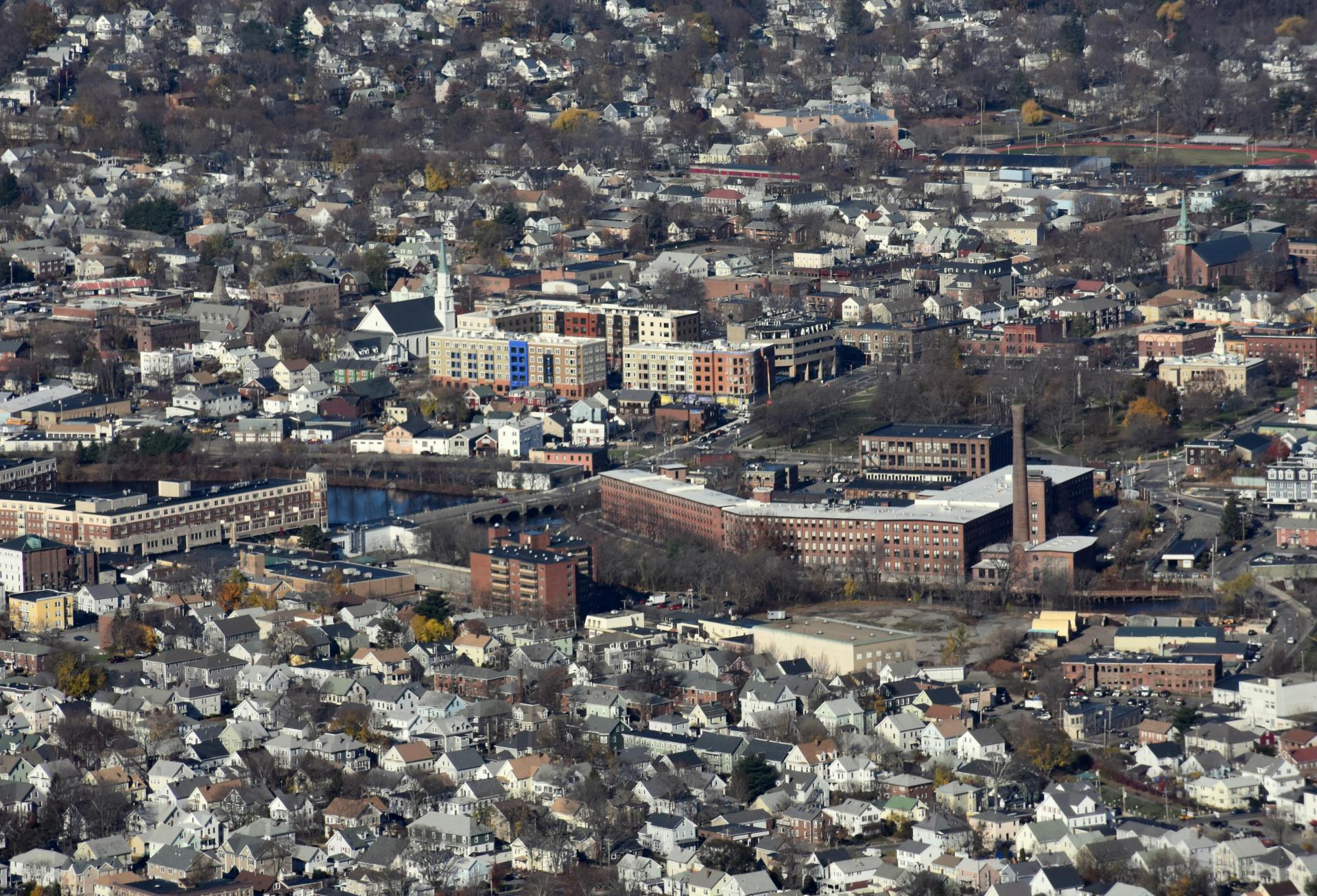 An aerial view of the city of Waltham