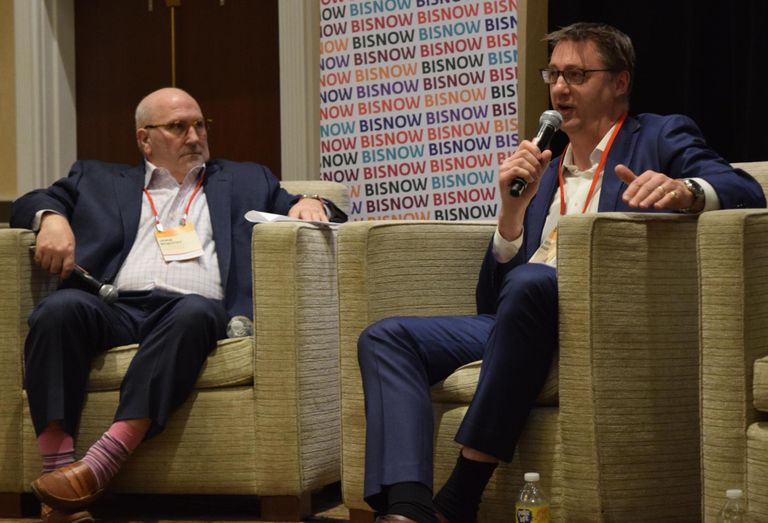 Jamie Bobotek, partner at Pillsbury Winthrop Shaw Pittman, and Geoff Sharpe, vice president of creative planning and development at Federal Realty Investment Trust, speak at Bisnow's National Landing Update event on March 21, 2022