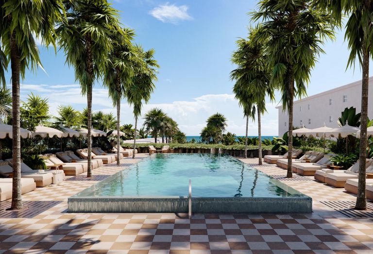 A rendering of the pool deck at the updated Delano South Beach, expected to open in late 2025.