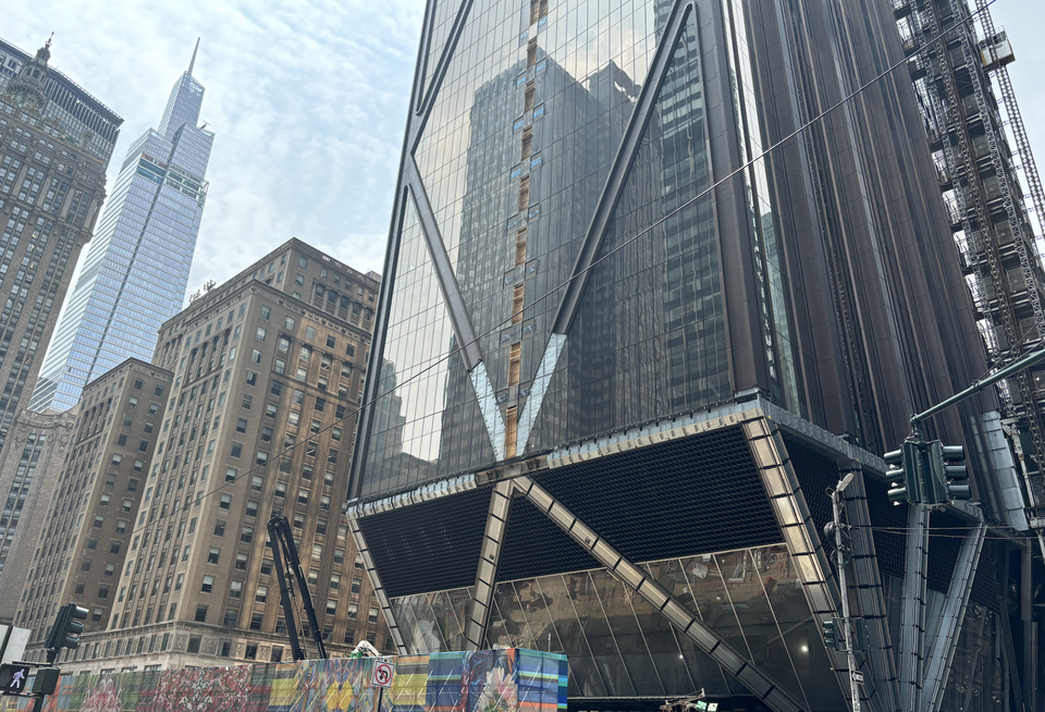 JPMorgan Chase's 2.5M SF headquarters at 270 Park Ave. under construction in July 2024, with One Vanderbilt in the background. The bank expects the tower to open in 2025.