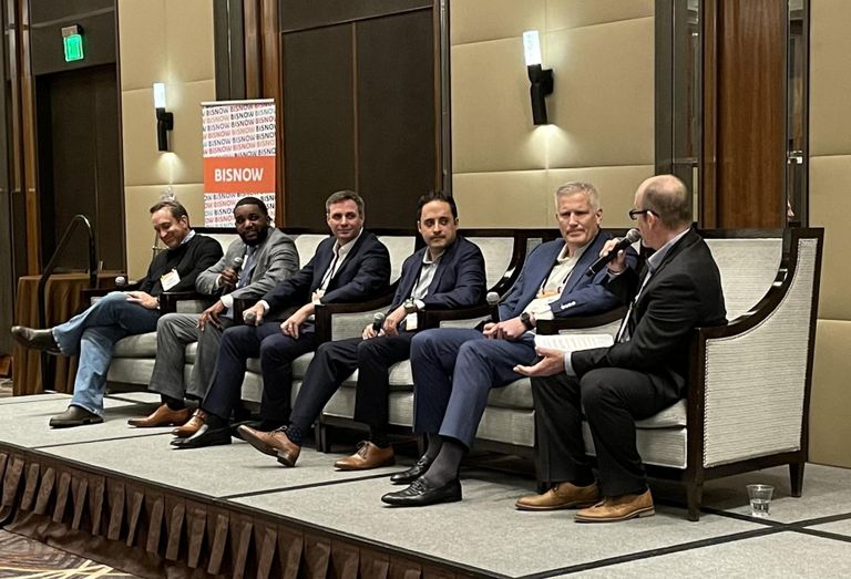 Larry Goodwin of 1788 Holdings, Marcus Daniels of NAI Michael, Robert Filley of Marcus & Millichap, Jeremy Cantor of Nash Distribution, Matt Brodnik of Exeter Property Group and Steve Wolf of UHY LLP at Bisnow's 2022 Mid-Atlantic Industrial Summit.