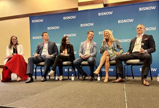 The Common Area's Maureen Mascaro, JLL's Zach Wendelin, AEI's Juliana Fernandez, WeWork's Blake Davidson, Quest Workspaces' Laura Kozelouzek and Stream Realty's Greg Katz on a panel at Bisnow's South Florida Office event April 27, 2023.
