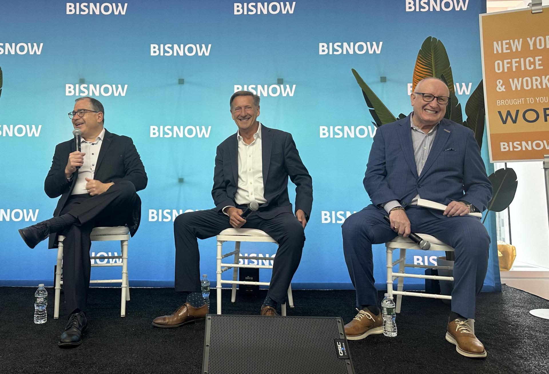 Vornado's Glen Weiss, Citadel's Paul Darrah and Cushman & Wakefield's Bruce Mosler onstage at Bisnow's 2025 New York Office and Workplace conference.