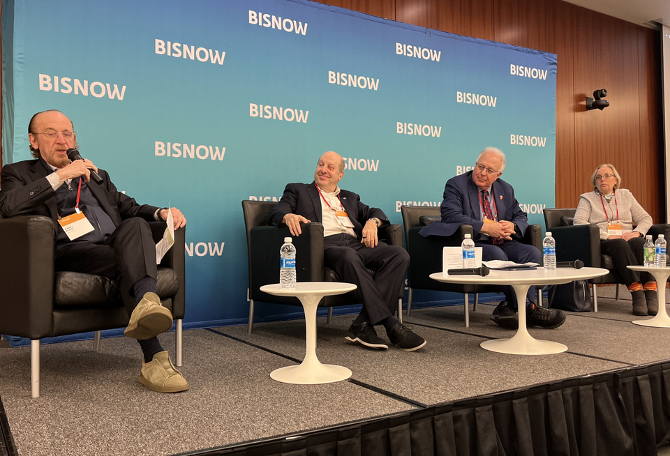 Newmark's Jimmy Kuhn, Pace University's Marvin Krislov, Stony Brook University's Jed Shivers and New York Institute of Technology's Barbara Holahan onstage at Bisnow's 2025 New York Higher Education Summit.