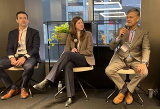 Moelis & Co.'s Matthew Janukowicz, EOS Investors' Sofie Issembert and the Hotel Association of New York City's Vijay Dandapani onstage at Bisnow's 2024 New York Hotel and Hospitality Conference.