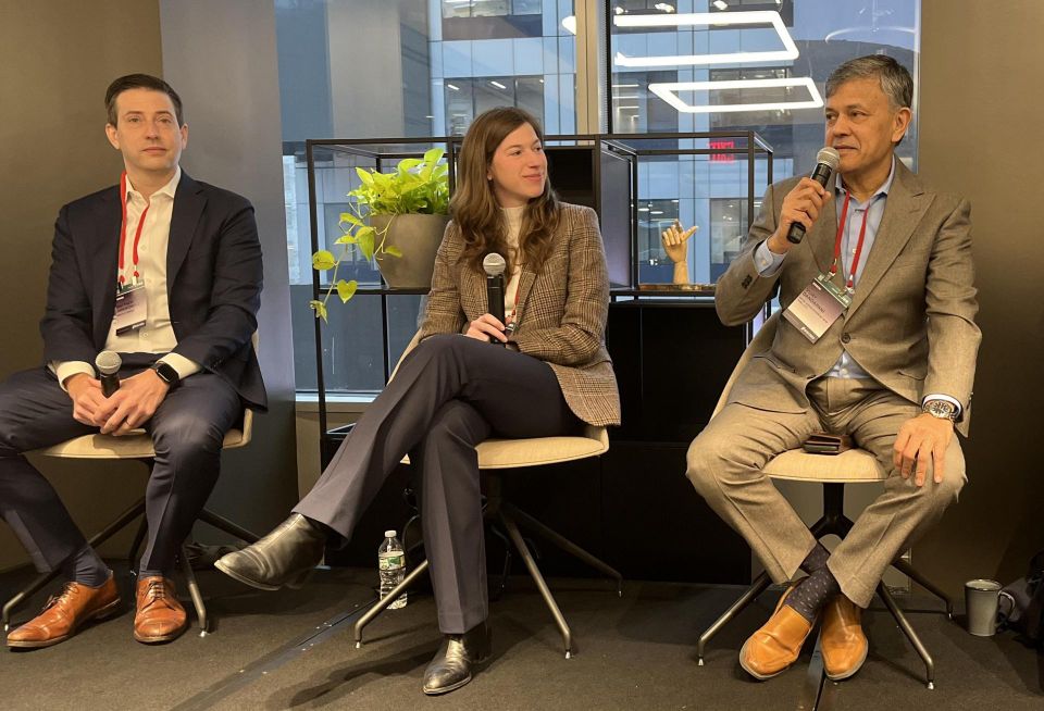 Moelis & Co.'s Matthew Janukowicz, EOS Investors' Sofie Issembert and the Hotel Association of New York City's Vijay Dandapani onstage at Bisnow's 2024 New York Hotel and Hospitality Conference.