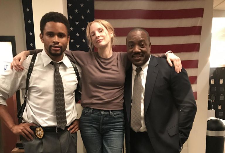 Yoba on the set of The Good Nurse with Nnamdi Asomugha and Jessica Chastain.