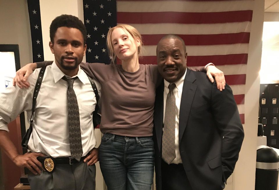 Yoba on the set of The Good Nurse with Nnamdi Asomugha and Jessica Chastain.