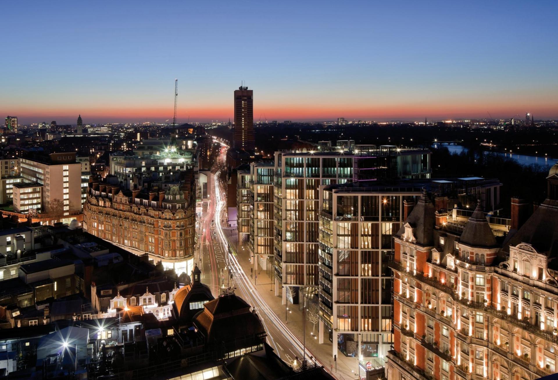 One Hyde Park, centre right, next to the red-brick Mandarin Oriental hotel