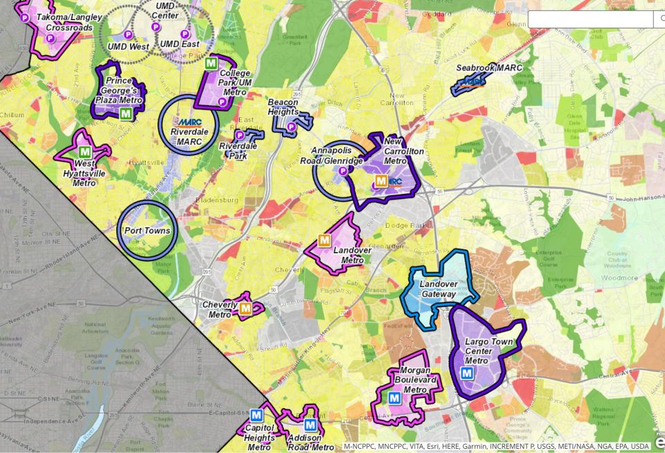 A map of the new zoning districts in Prince George's County, with overlays for newly zoned transit centers.